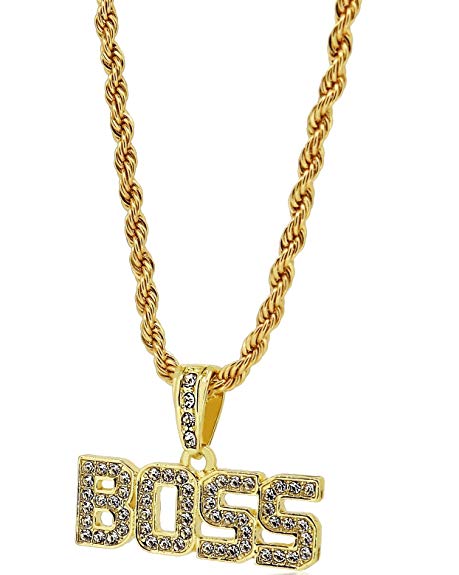 Bling King Gold Plated Boss Word Pendant Iron Rope Chain Hip Hop Bling Necklace