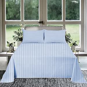 Flat Bed Sheet 100% Egyptian Cotton [ Light Blue Stripe - Califonia King Size] Easy to Wash 800 Thread Count 3Pc Flat Sheets - 108 Inches x 110 Inches