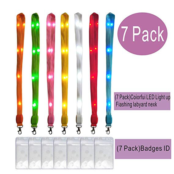 LED Lanyards Light Up Necklace Flashing Glow in The Dark Neck Strap String Lights Name Tag Key Chain ID Badge Holders for Kids Adults Keys Keychains Cell Phones Cameras (Colorful)
