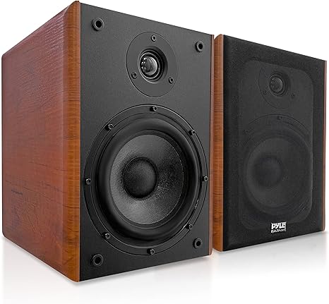 Pyle 5.25" Home Wooden Bookshelf Speakers, 200W Max Power, 1" Silk Dome Tweeter and Aluminum Voice Coils, Pair, Gold Plated 5 Way Binding Post, Rubber Surrounds, Beautiful Wood Grain Finish PHQBS52