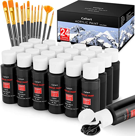 Caliart Acrylic Paint Set with 12 Brushes, 24 Black Colors (59ml, 2oz) Art Craft Paint for Artists Kids Students Beginners, Canvas Ceramic Wood Fabric Rock Painting Supplies Kit, Valentine's Day Gift