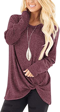 Bloggerlove Women Tunic Tops Knit Blouse Knot Twist Front Long Sleeve Casual Shirts S-XXL