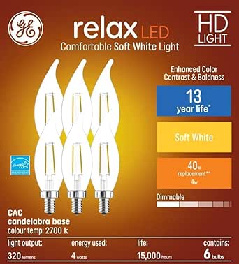 (6 bulbs) GE relax LED HD Decorative Chandelier Light Bulb, Clear, Bent tip, 40 watt replacement, candelabra base, dimmable 4 watt, 320 lumen LED Light Bulb