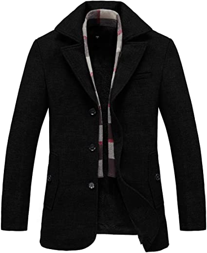 RongYue Men's Warm Winter Single Breasted Wool Blend Coat with Removable Soft Wool Plaid Scarf