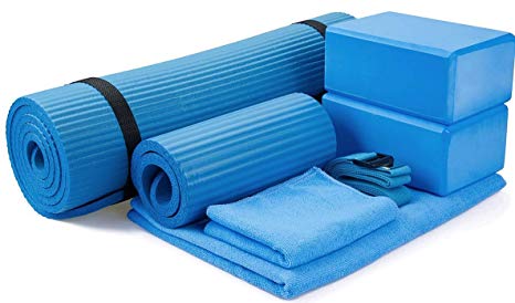 BalanceFrom GoYoga 7-Piece Set - Include Yoga Mat with Carrying Strap, 2 Yoga Blocks, Yoga Mat Towel, Yoga Hand Towel, Yoga Strap and Yoga Knee Pad