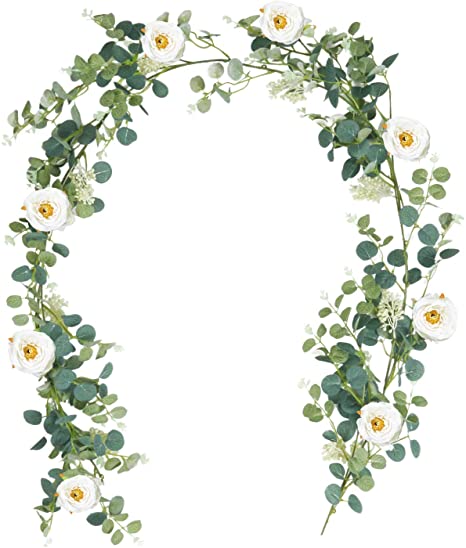 U'Artlines 6Ft Artificial Eucalyptus Leaves Garland Faux Silk Greenery Vine Hanging Plants Swag for Home Wedding Backdrop Table Decor (Eucalyptus Garland with Cream Camellia)