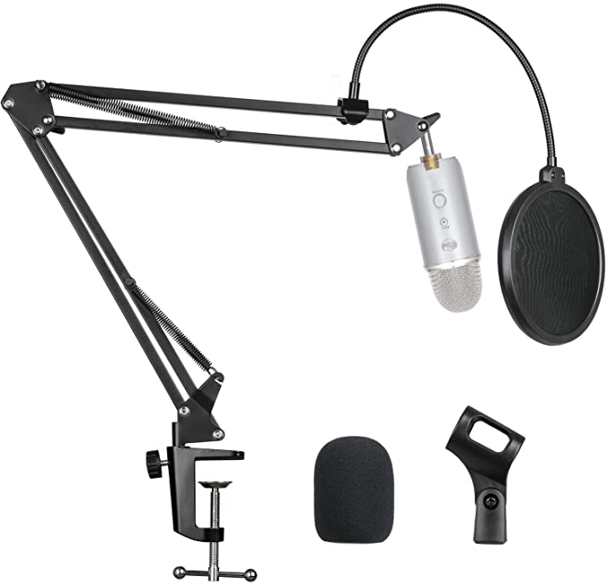 Pipishell Microphone Suspension Scissor Boom Bracket Stand with Pop Filter and Mic Holder, 5/8”Screw for Blue Yeti, Snowball, Spark, Yeti x and All Other Microphones