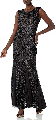 Alex Evenings Women's Long Rosette Lace Cap Sleeve Gown