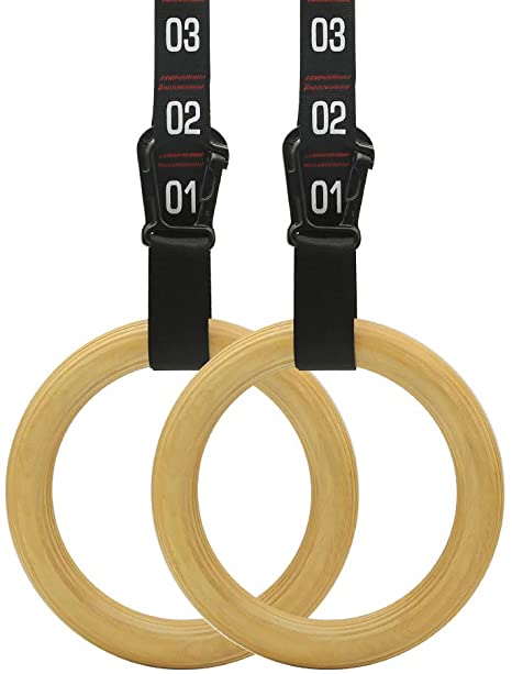 AmazeFan Wood Gymnastic Rings with Quick Adjustable Cam Buckle and 7.5ft L/1.5" W Numbered Straps, 1.25" Gym Pull up Rings 1600lbs for Home, Gym, Crossfit, Bodyweight Training, Full Body Exercise