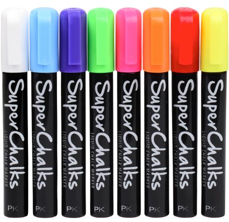 SuperChalks Colour Liquid Chalk Marker Pens 8-Pack - 4mm Regular Tip - Brilliant Bold Colours - 60 Day No Quibble Refund Guarantee!