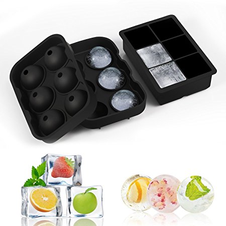 Adoric Easy Release Silicone Ice Cube Trays Set of 2, Sphere Round Ice Ball Maker & Large Square Ice Cube Molds, Ice Tray Combo for Cocktail, Whisky, Bourbon, Pudding, Chocolate - Black