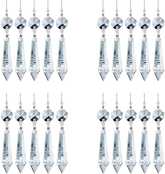 H&D 25pcs 55mm Crystal Replacement Clear Chandelier Icicle Prisms with Octagon Crystal Bead for Lamp Decoration
