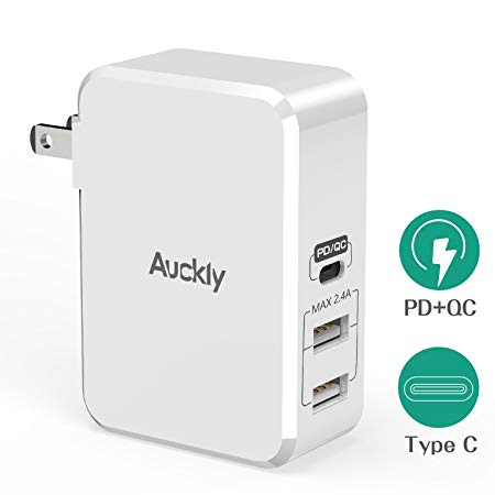 USB C PD Wall Charger, Auckly 41W Wall Charger Plug with Power Delivery USB-C Power Adapter Fast Charge for iPhone X/8/Plus, New MacBook/Pro, Nintendo Switch, iPad Pro, Samsung S8/S7 etc (QC3.0/QC2.0)