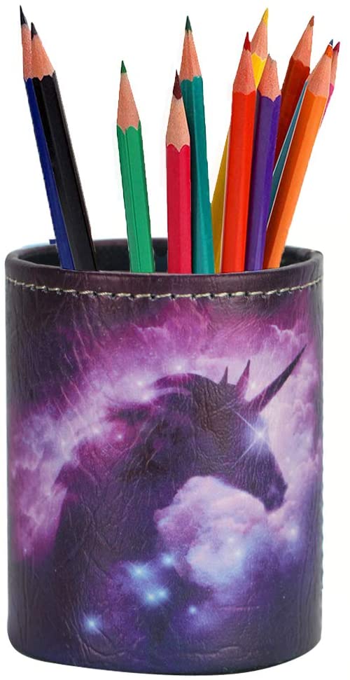 LIZIMANDU PU Leather Pencil Pen Holder,Round Pencil Cup Stationery Desk Organizer Control Storage Box for Home Office Bedroom(1 Pack,1-Unicorn)