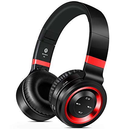 Sound Intone Bluetooth Headphones, 8 Hrs Playtime Hi-Fi Bass Wireless Headphones Foldable Comfortable Over Ear Headsets with HD Mic, Support Wired/TF Card/FM Radio for Gym/Work/Travel(black red)
