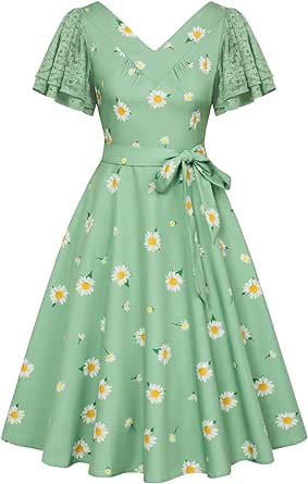 Belle Poque Women's Summer Short Puff Sleeve Cocktail Dress 1950s Vintage V-Neck A Line Swing Dresses with Belts