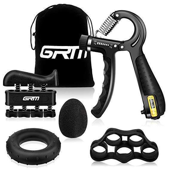 GRM Counting Hand Grip Strengthener Exerciser Kit, 5 Pack Adjustable Resistance Forearm Grip (10-60KG), Finger Trainer, Finger Stretcher, Grip Ring & Stress Relief Grip Ball For Athlete Musicians