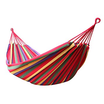 Enkeeo Portable Double Hammock for 2 Person Camping Backpacking Hiking, Woven Cotton Fabric, 2 Premium 9.84ft Ropes, A Carrying Case, 330 lbs. Capacity, 78.74’’ x 59.05’’, Rainbow Striped