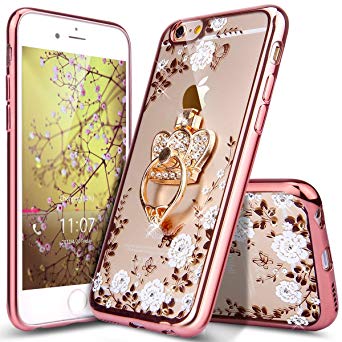 iPhone 6 Plus Case,iPhone 6S Plus Case,ikasus Glitter Crystal Plating Butterfly Floral Luxury Bling Diamond Rhinestone Clear TPU Case for iPhone 6/6S Plus 5.5", Rose Gold White Flower,Crown Ring Stand