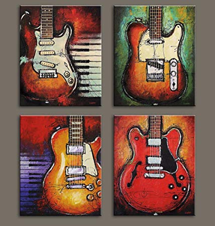 VIIVEI Wall Art Abstract Guitar Canvas Red Purple Prints Paintings Home Decor Decal Life Pictures 4 Panel Large Posters HD Printed for Bedroom Living Room Framed Ready to Hang (12"x16", 4 Panels)