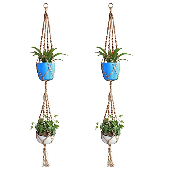 Accmor Double-Deck Plant Hanger, 4 Legs 60Inch Strong Macrame Handmade Pure Natural Jute Indoor Outdoor Patio Deck Ceiling Plant Holder for Round Square Pots, Retro Feeling Unmatched Finesse(2 Pack)