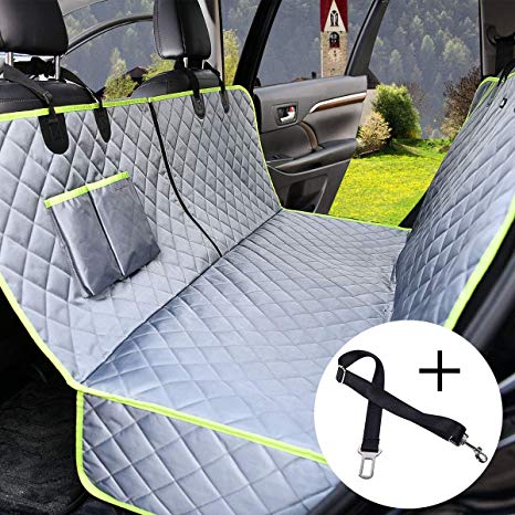 Gray Car Dog Car Seat Cover Pet Seat Cover for Cars/Trucks/SUV's Dog Hammock Convertible 100% Waterproof Pet Back Seat Protector with Extra Side Flaps Bonus Pet Seat Belt(HYSC3A)