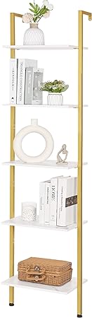 ELYKEN Ladder Shelf, Gold and White 5-Tier Wood Wall Mounted Bookshelf with Metal Frame, Modern Open Display Organizer Rack, Leaning Storage Shelves for Living Room, Bedroom, Home Office