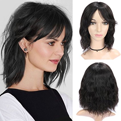 WIGNEE 100% Virgin Human Hair Natural Wave Wigs with Bangs Brazilian Human Hair Wave Wigs Natural Black Color (10")