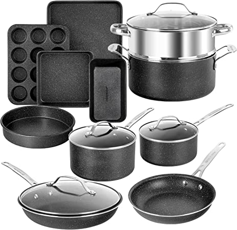 Granitestone Pots and Pans Set Nonstick, 15 Pc Kitchen Cookware Set & Bakeware Set, Ultra Durable Pots and Pans for Cooking with Nonstick Coating, Dishwasher Stovetop & Oven Safe, Healthy & Toxin Free