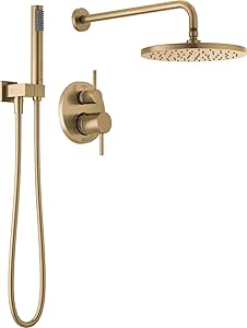 Delta Faucet Modern Raincan 2-Setting Round Shower System Including Rain Shower Head and Handheld Spray Gold, Rainfall Shower System Gold, Shower Valve and Trim Kit, Champagne Bronze 342702-CZ