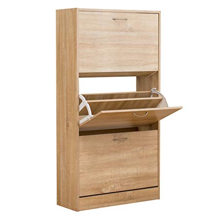 Cherry Tree Furniture 3-Level Wooden Shoe Cabinet Cupboard Shoe Storage Unit Footware Organiser Unit in Oak Colour
