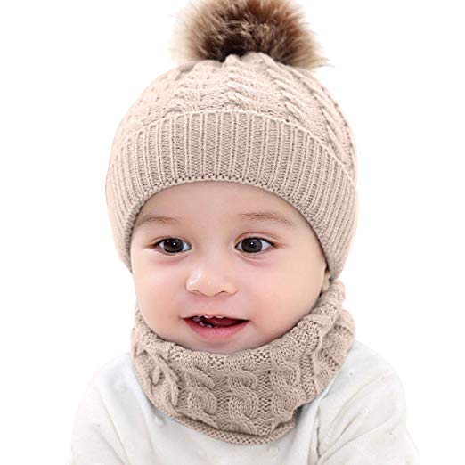 2PCS Toddler Baby Knit Hat Scarf Winter Warm Beanie Cap with Circle Loop Scarf Neckwarmer