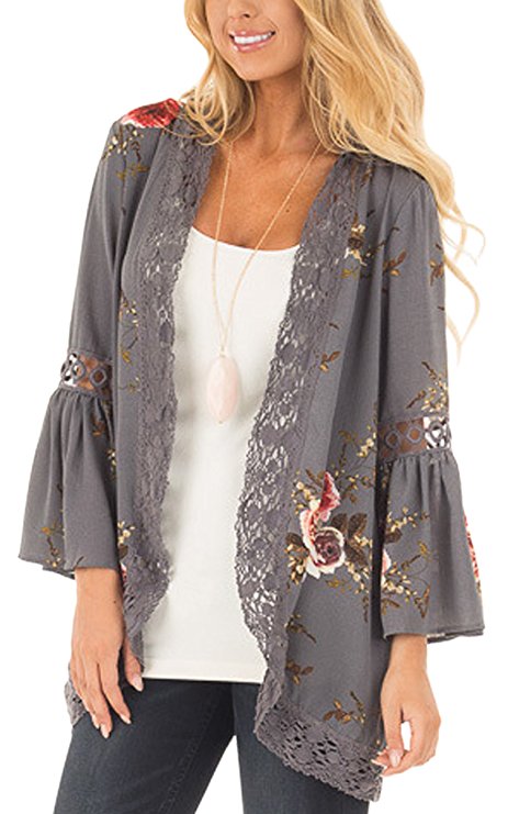 ECOWISH Womens Floral Print Loose Puff Sleeve Kimono Cardigan Lace Patchwork Cover Up Blouse