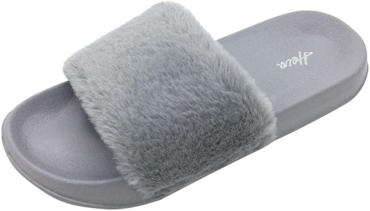 FUNKYMONKEY Women's Slides Faux Fur Cute Fuzzy Slippers Comfort Flat Sandals
