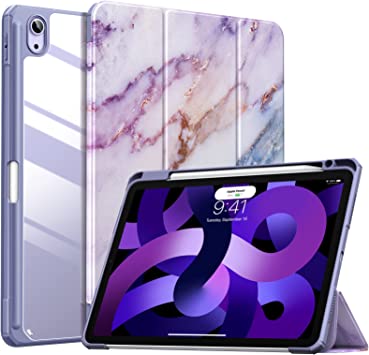 MoKo Case Fit iPad Air 5th/4th Gen 10.9 Inch 2022/2020 with Pencil Holder, [Support 2nd Gen Pencil Charging & Touch ID] Shockproof Frame with Clear Transparent Back,Auto Wake/Sleep, Purple Marble