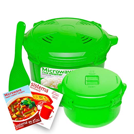 Sistema Microwave Cookware Rice Steamer Set with Lids -- Large Microwave Multicooker, Side Dish Bowl, Spoon and Recipes (BPA Free, 100% Food Safe) (Green Set)