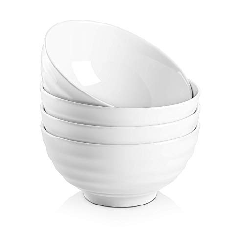 DOWAN 26 Ounces Porcelain Soup Bowls, Cereal Bowls with Rim, 4 Packs, White