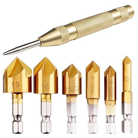 Countersink Drill Bits Center Punch Tool ,1 Pcs Brass Automatic Center Punch,6 Pcs Hex Shank High Carbon Steel Titanium Plated Chamfering Drill Bit for Wood Quick Change Bit 6-19mm