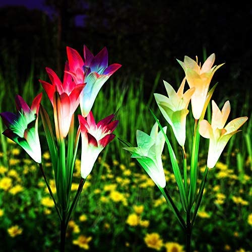 Qunlight Outdoor Solar Stake Flower Lights - 2 Pack Solar Powered Decorative Lights with 8 Lily Flower, Multi-Color Changing LED for Garden, Lawn,Patio, Pond,Backyard, etc(Purple and White)