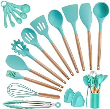 Kitchen Utensils Set Silicone Cooking Utensils - SZBOB Heat Resistant Kitchen Tools Wooden Handle Spoons Kitchen Utensil Set with Holder Spatulas Turner Tongs Whisk Kitchen Appliances for Cooking