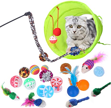 21PCS Cat Toys Interactive Cat Feather Toys，2 Way Tunnel Kitten Toys Assortments，Crinkle Balls for Cat, Puppy, Kitty, Cat Stuff Cat Tunnels for Indoor Cats