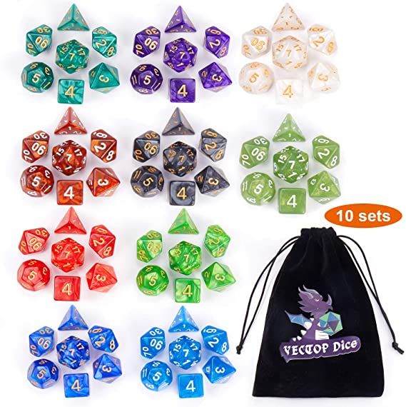 DND Dice Sets, 10 X 7 Sets (70 Pieces) Polyhedron Dice for Dungeons & Dragons RPG MTG DND Tabletop Game with 1 Big Pouch D4 D8 D10 D12 D20