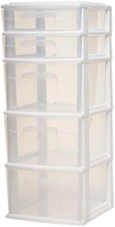 HOMZ Plastic 5 Drawer Medium Storage Tower, White Frame, Clear Drawers, Set of 2