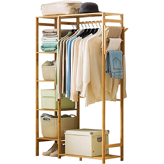 Ufine Bamboo Garment Rack 6 Tier Storage Shelves Clothes Hanging Rack with Side Hooks, Heavy Duty Clothing Rack Portable Wardrobe Closet Organizer