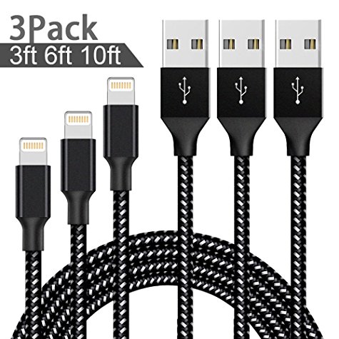 AOFU Lightning Cable,iPhone Cable iPhone Charger 3Pack 3FT 6FT 10FT Braided Cord to USB Charging for iPhone 7/7 Plus/6/6 Plus/6S/6S Plus,iPad,iPod Nano 7 (Black Withe)