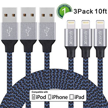 Xcords(TM) 3Pack 10Ft Nylon Braided 8 Pin Lightning to USB Cable Data Syncing Cord Compatible with iPhone 7/ 7 Plus/6/ 6 Plus/ 6s/ 6s Plus /5/5s/5c/SE/iPad/iPod/Beats Pill (Dark Blue)