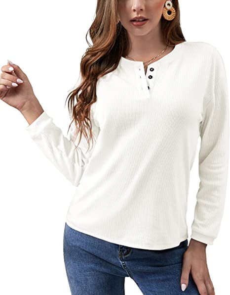 JINKESI Women's Casual Long Sleeve Sweatshirts Crew Neck Ribbed Knit Henley Button Up Tunic Tops