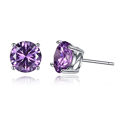 "Happy Birthday" Sterling Silver 12 Months Solitaire Stud Earrings Cubic Zircon - Christmas Gifts 6MM