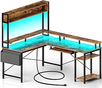 Rolanstar L Shaped Gaming Desk, 90.5“ Computer Desk with Monitor Stand & Hutch, Home Office Desk with LED Lights & Power Outlets, Corner Desk with Keyboard Tray, Rustic Brown