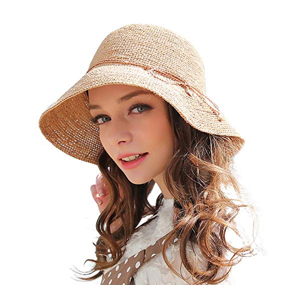 RIONA Women's Summer Hand-Woven Foldable Wide Brim Fisherman 100% Raffia Straw Sun Hat